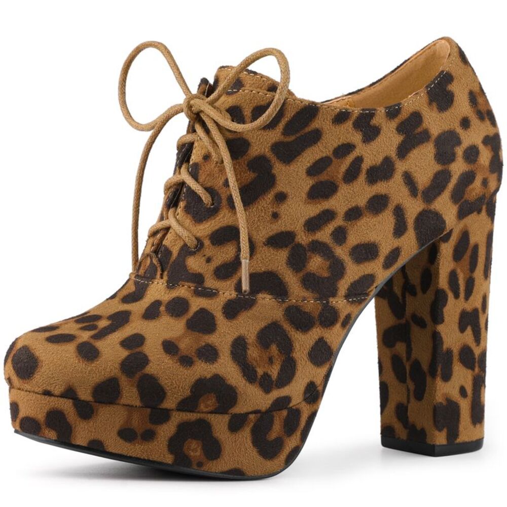 Platform Chunky Heel Leopard Lace Up Ankle Booties